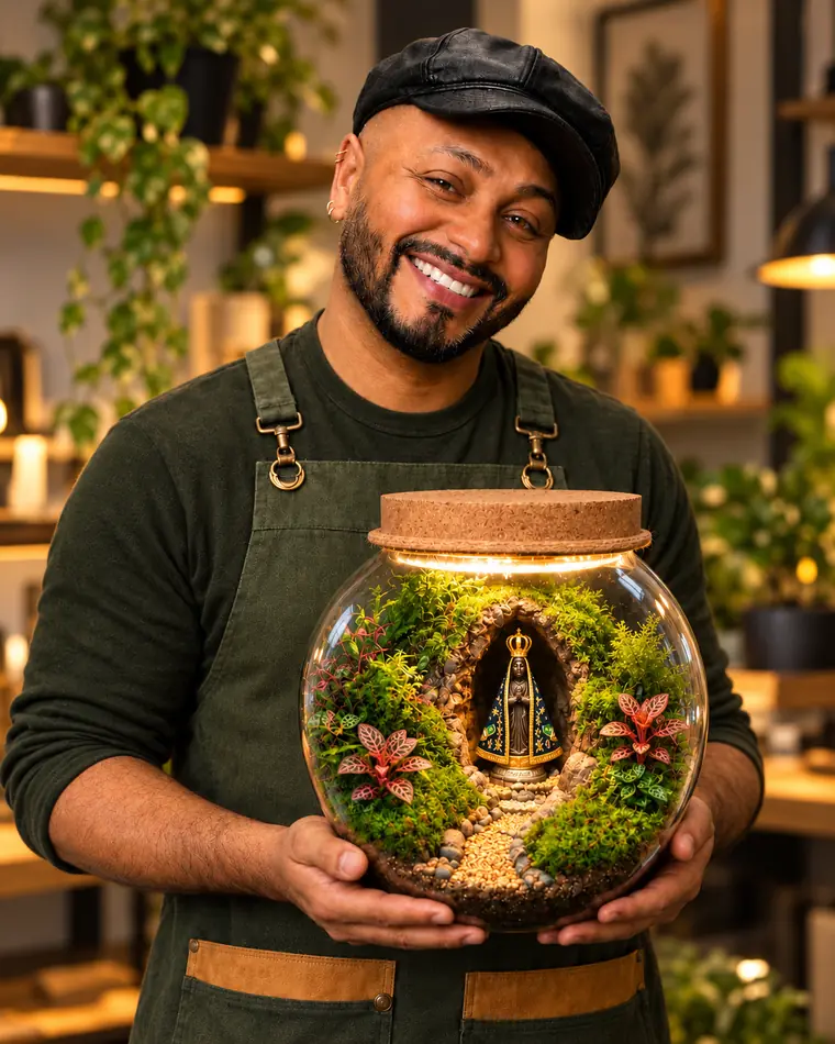 Terrário em globo com Nossa Senhora Aparecida, fitônias e caminho de pedriscos