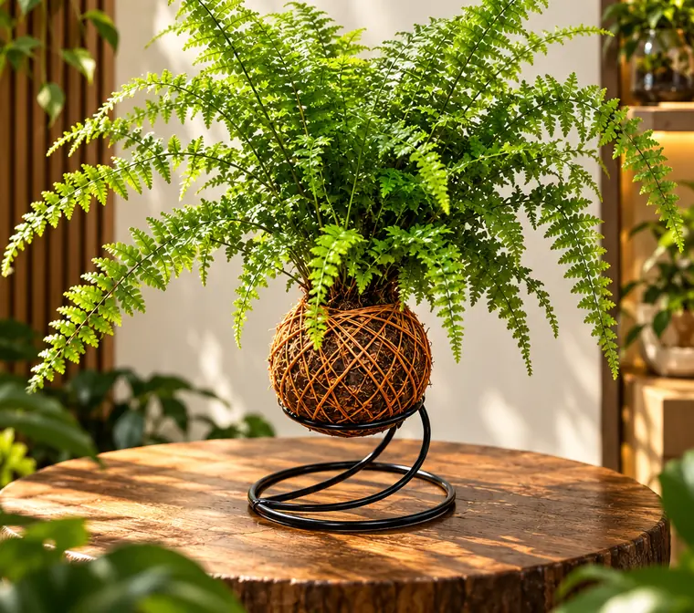 Kokedama de samambaia em suporte espiral de ferro sobre tronco de madeira