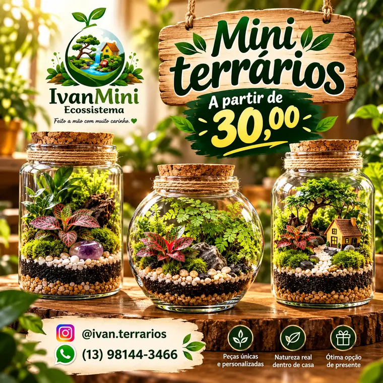 Três mini terrários em potes com rolha de cortiça, fitônias e casinha