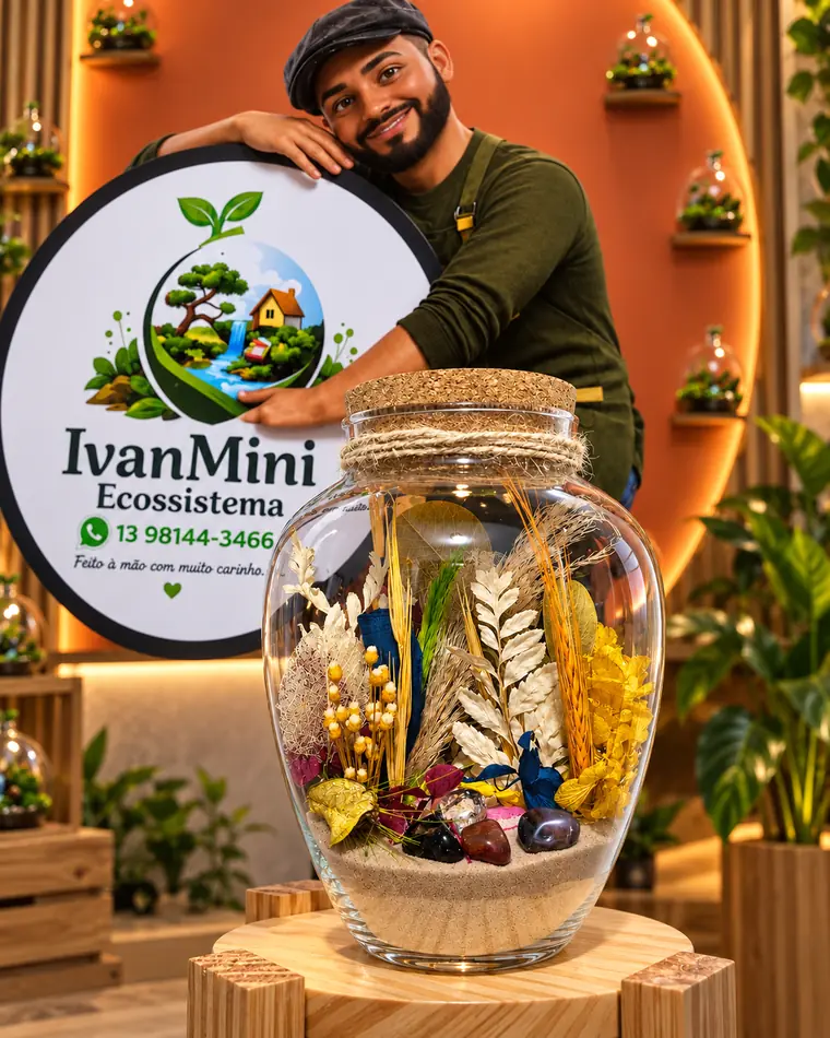 Pote de vidro com flores secas, folhagens douradas e pedras coloridas