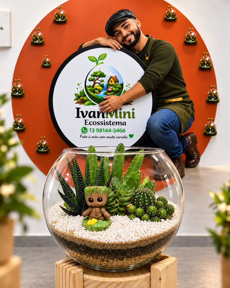 Terrário com miniatura do Groot entre suculentas, cactos e pedriscos brancos