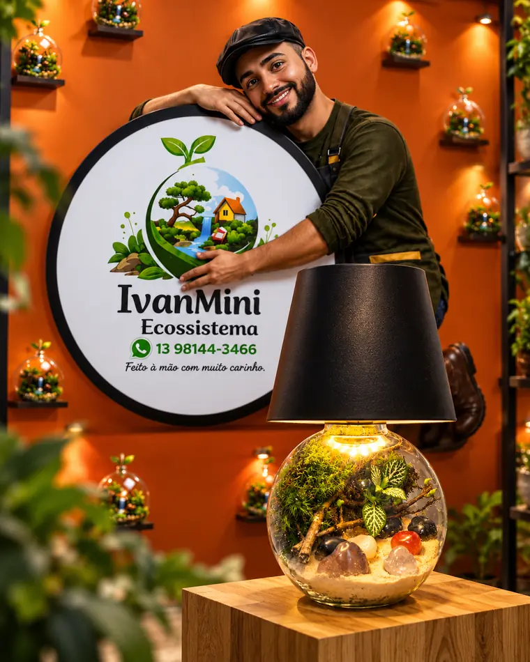 Terrário-luminária com cúpula preta acesa, musgo, pedras e plantas