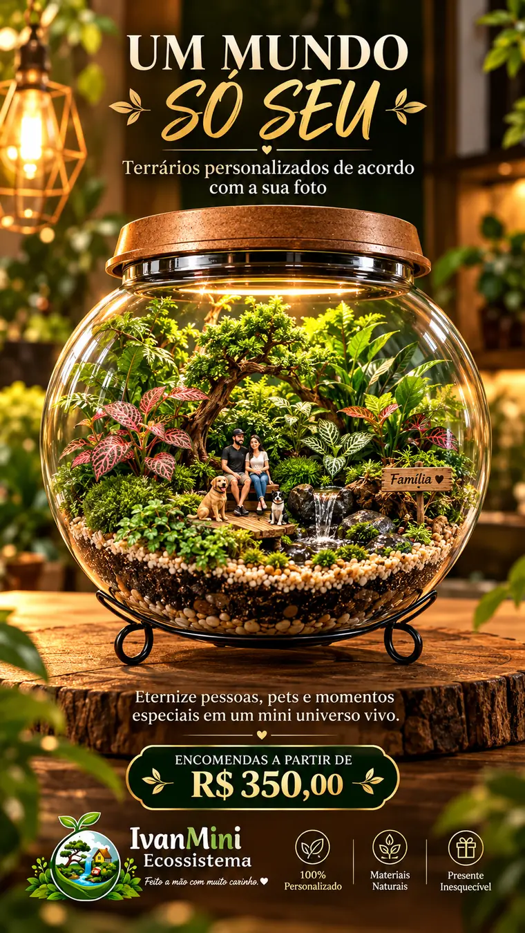 Terrário personalizado em globo com miniaturas da família, cachorro e placa Família
